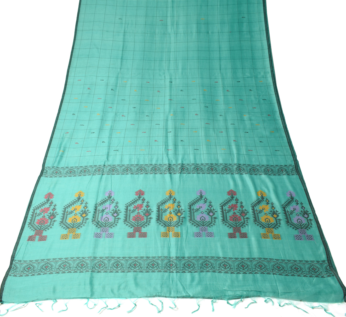Sushila Vintage Aqua Green Saree Pure Cotton Hand Woven Floral Soft Sari Fabric