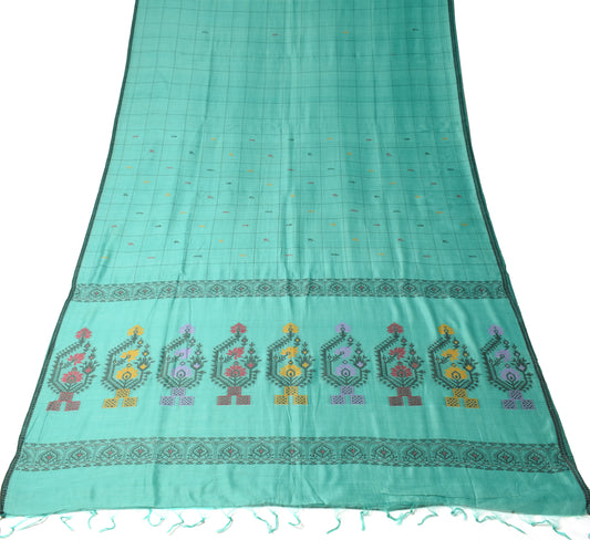 Sushila Vintage Aqua Green Saree Pure Cotton Hand Woven Floral Soft Sari Fabric