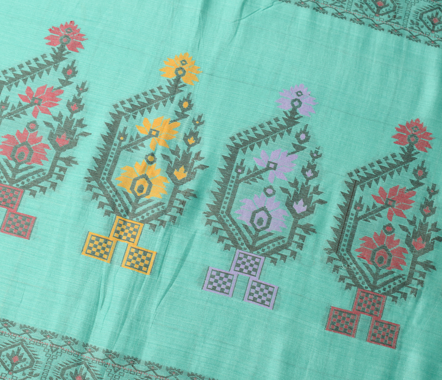 Sushila Vintage Aqua Green Saree Pure Cotton Hand Woven Floral Soft Sari Fabric