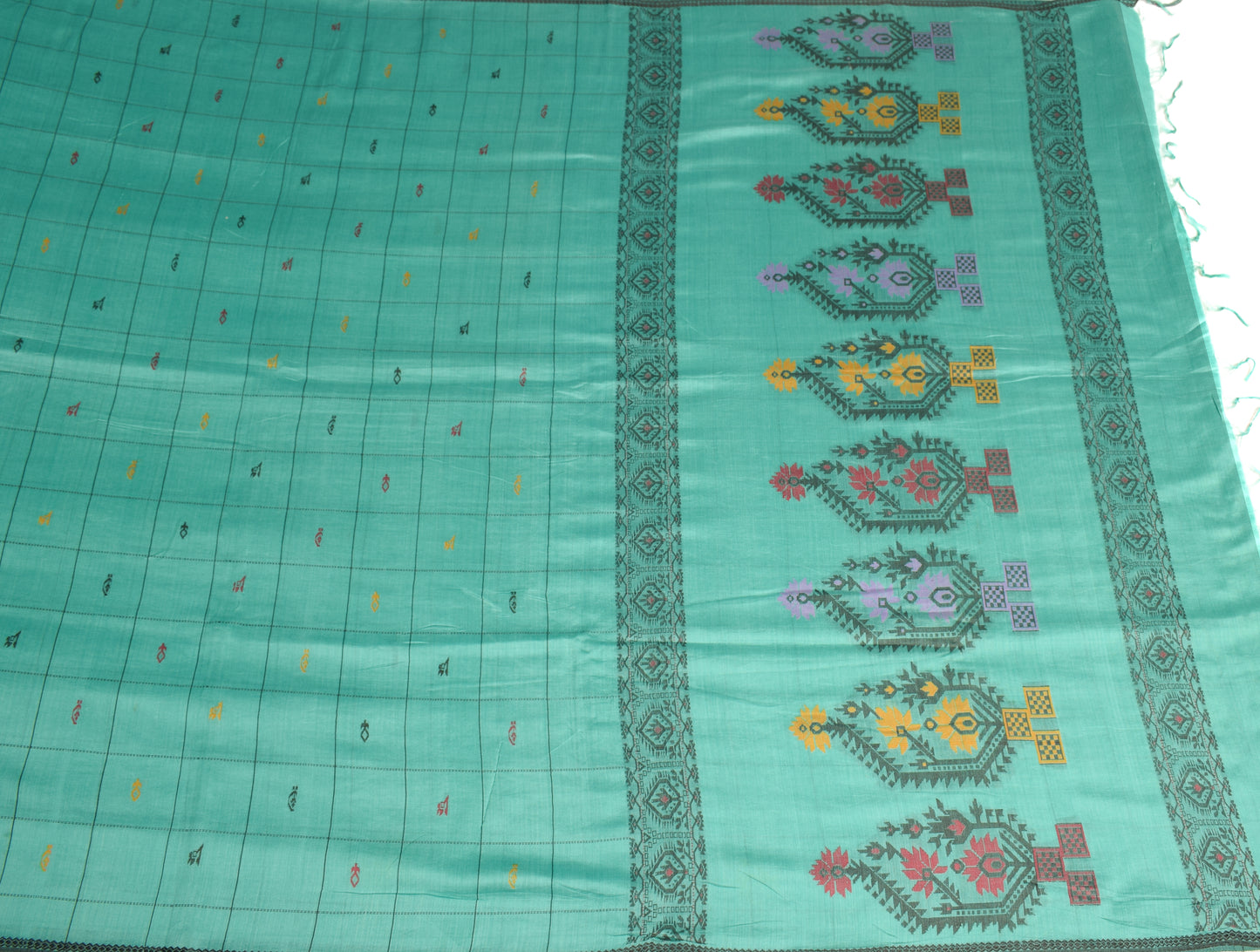 Sushila Vintage Aqua Green Saree Pure Cotton Hand Woven Floral Soft Sari Fabric