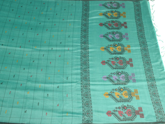 Sushila Vintage Aqua Green Saree Pure Cotton Hand Woven Floral Soft Sari Fabric