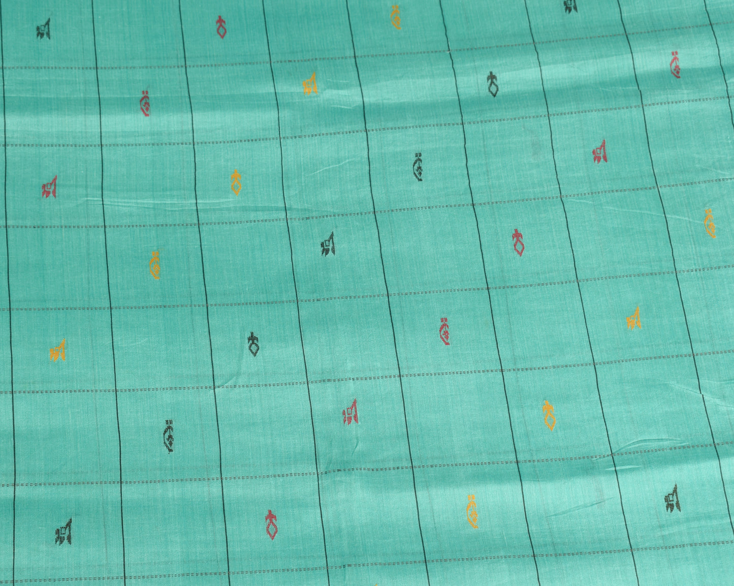 Sushila Vintage Aqua Green Saree Pure Cotton Hand Woven Floral Soft Sari Fabric
