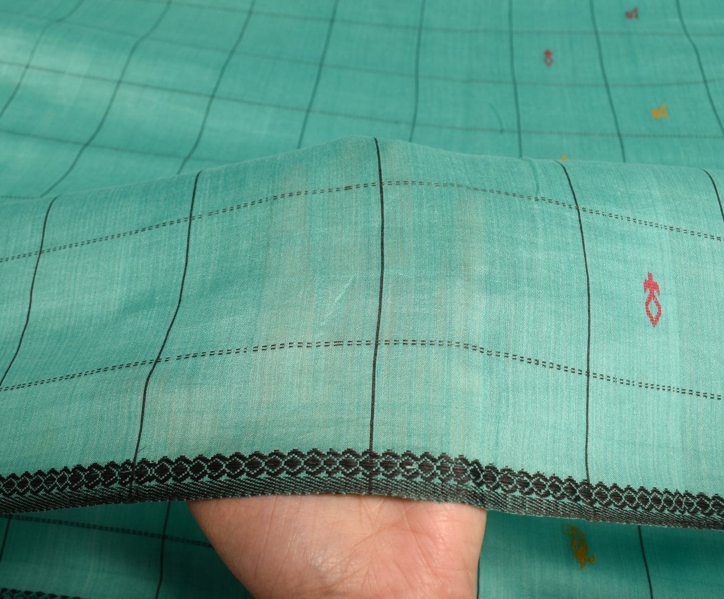 Sushila Vintage Aqua Green Saree Pure Cotton Hand Woven Floral Soft Sari Fabric