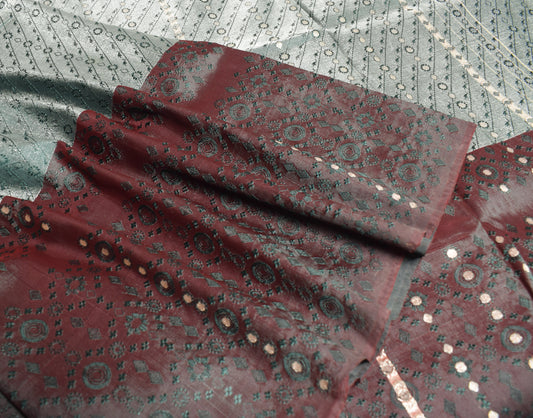 Sushila Vintage Banarasi Saree Art Satin Silk Woven Gray Maroon 5YD Sari Fabric