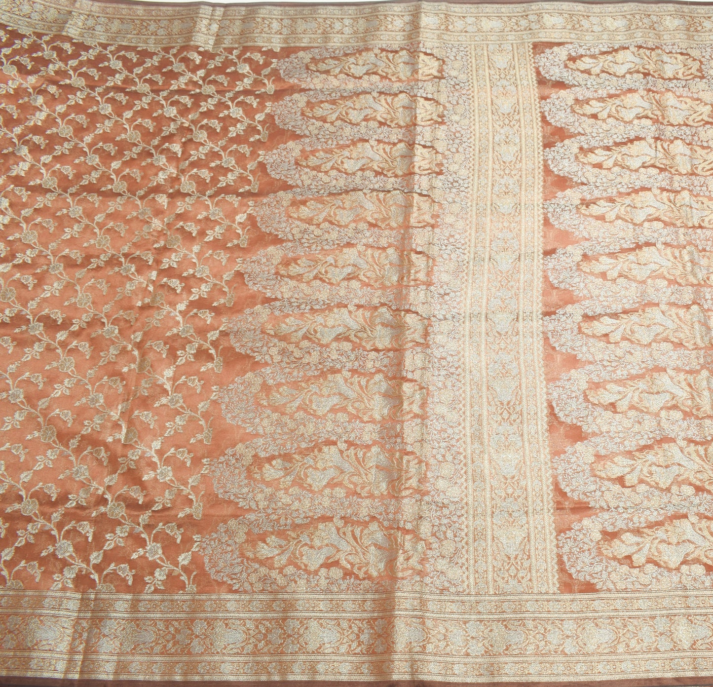 Sushila Vintage Brown HEAVY Saree Tissue Banarasi Handloom Floral Zari 6YD Sari