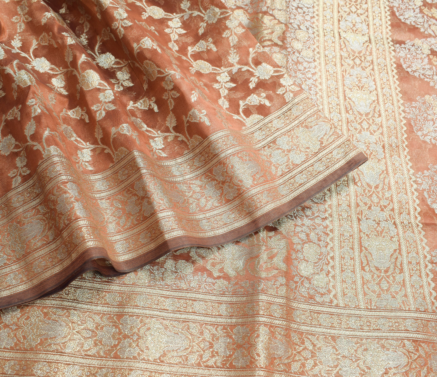 Sushila Vintage Brown HEAVY Saree Tissue Banarasi Handloom Floral Zari 6YD Sari