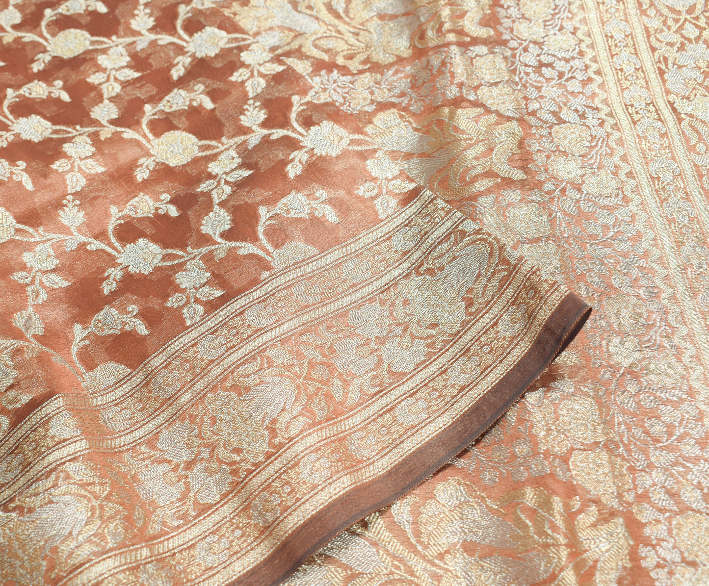 Sushila Vintage Brown HEAVY Saree Tissue Banarasi Handloom Floral Zari 6YD Sari