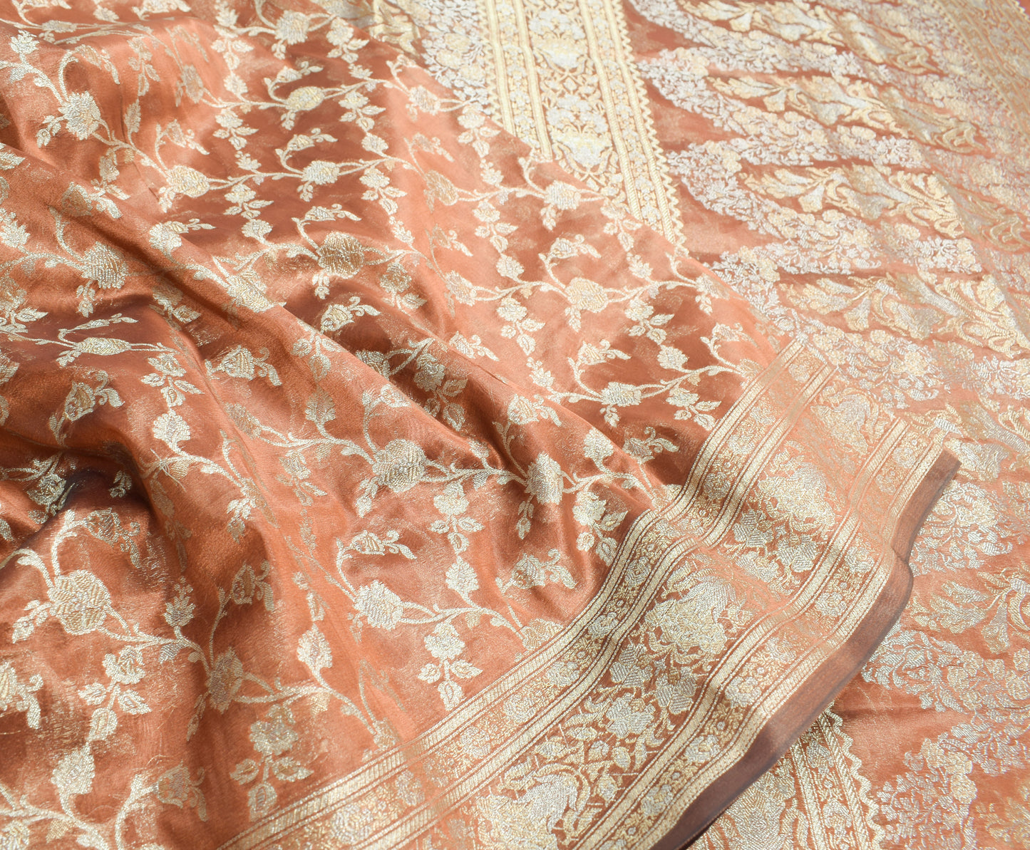 Sushila Vintage Brown HEAVY Saree Tissue Banarasi Handloom Floral Zari 6YD Sari