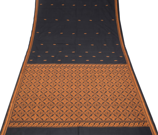 Sushila Vintage Handloom Black Saree Pure Cotton Silk Peacock Woven Sari Fabric