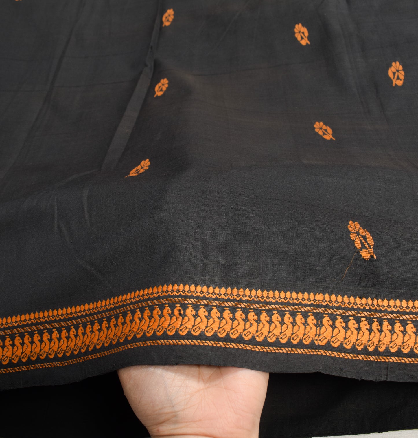Sushila Vintage Handloom Black Saree Pure Cotton Silk Peacock Woven Sari Fabric