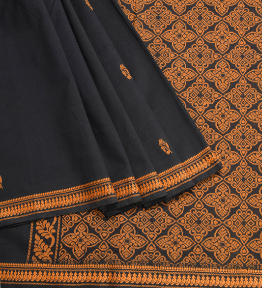 Sushila Vintage Handloom Black Saree Pure Cotton Silk Peacock Woven Sari Fabric