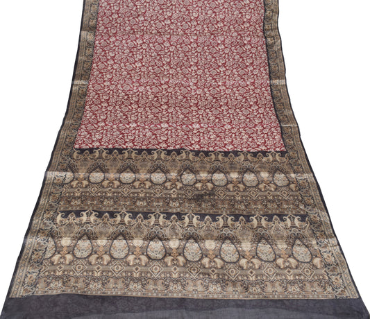 Sushila Vintage Maroon Floral Printed Saree Pure Tussar Silk Woven Sari Fabric