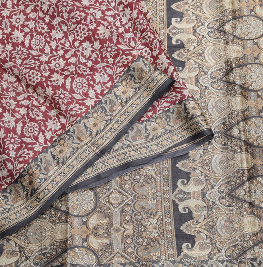 Sushila Vintage Maroon Floral Printed Saree Pure Tussar Silk Woven Sari Fabric