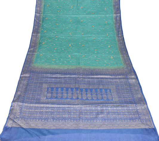 Sushila Vintage Aqua Green Saree Pure Tussar Silk Floral Embroidered Sari Fabric