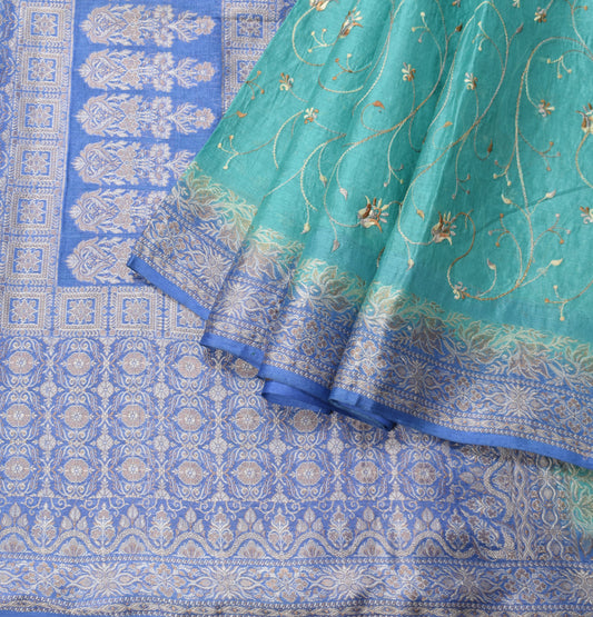 Sushila Vintage Aqua Green Saree Pure Tussar Silk Floral Embroidered Sari Fabric