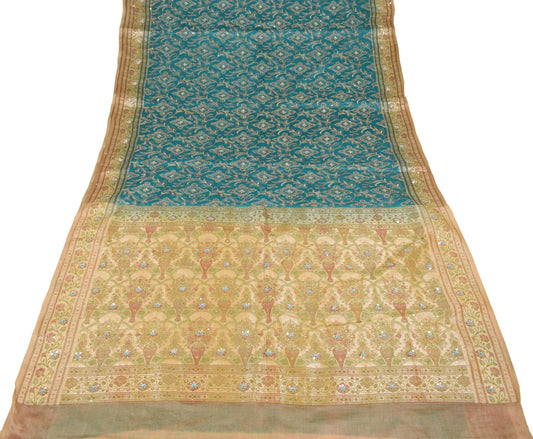 Sushila Vintage Teal Blue Saree Pure Tussar Silk Embroidered Zari Woven Sari Fabric