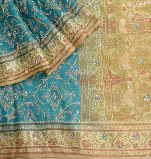 Sushila Vintage Teal Blue Saree Pure Tussar Silk Embroidered Zari Woven Sari Fabric