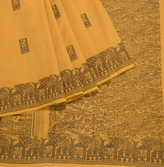 Sushila Vintage Mustard Saree Pure Cotton Hand Woven Sari Craft Fabric