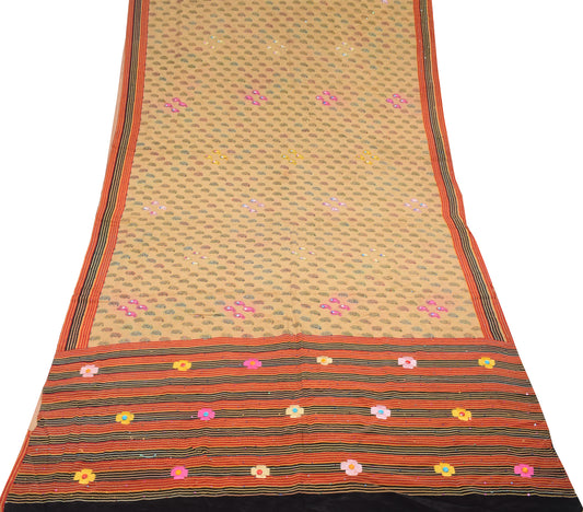 Sushila Vintage Light Brown Saree Pure Crepe Silk Kantha Work Soft Sari Craft Fabric