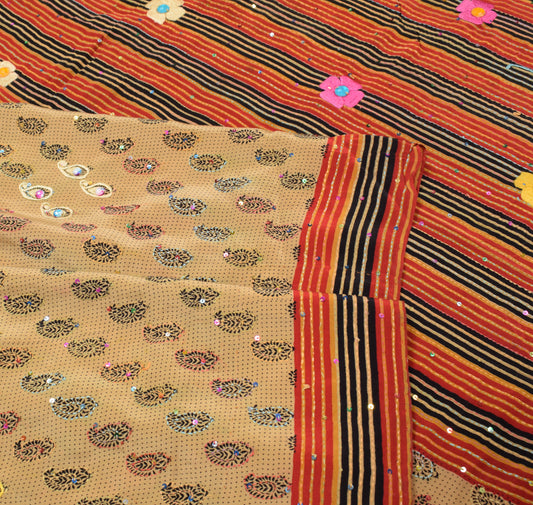 Sushila Vintage Light Brown Saree Pure Crepe Silk Kantha Work Soft Sari Craft Fabric