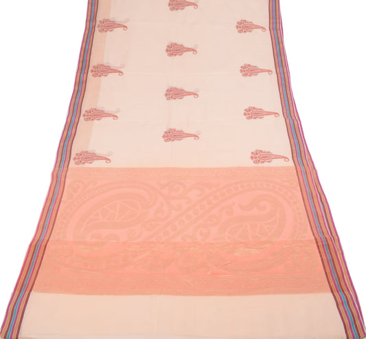 Sushila Vintage Creamish Pink Saree Pure Cotton Silk Embroidered Sari Craft Fabric