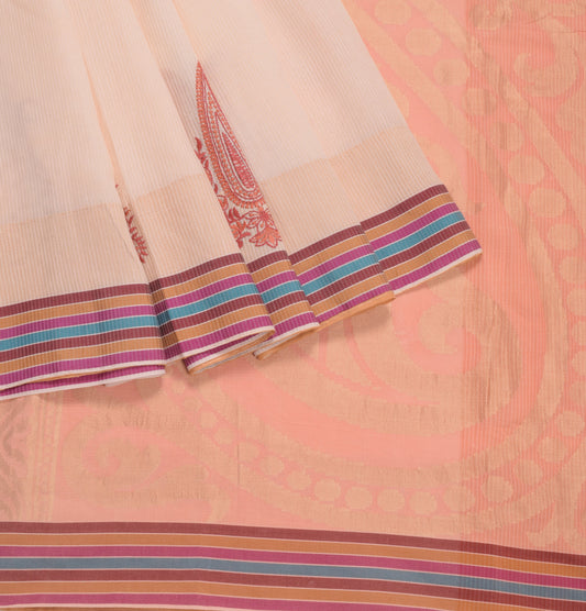 Sushila Vintage Creamish Pink Saree Pure Cotton Silk Embroidered Sari Craft Fabric