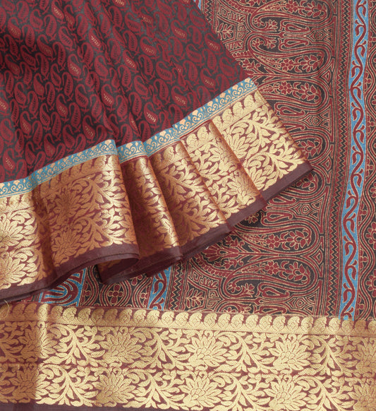 Sushila Vintage Black Saree Paisley Printed Zari Woven art Cotton Sari Craft Fabric