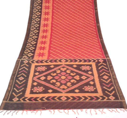 Sushila Vintage Red Saree Pure Cotton Silk Hand Woven Pochampally Ikat Sari Fabric