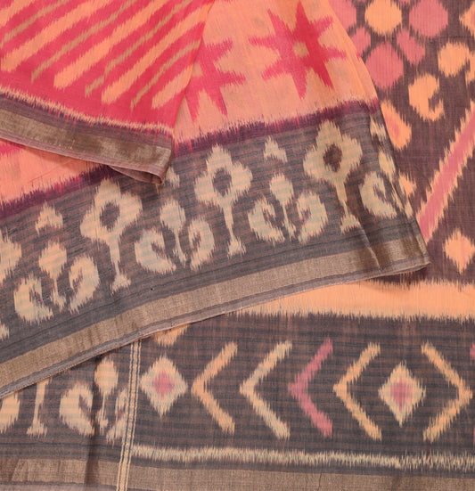 Sushila Vintage Red Saree Pure Cotton Silk Hand Woven Pochampally Ikat Sari Fabric