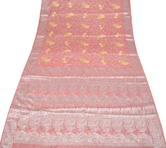 Sushila Vintage Coral Pink Saree Pure Tussar Silk Woven Embroidered Sari Craft Fabric