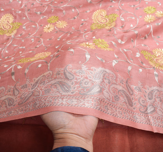 Sushila Vintage Coral Pink Saree Pure Tussar Silk Woven Embroidered Sari Craft Fabric