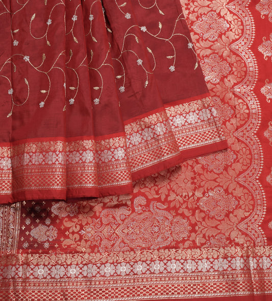 Sushila Vintage Maroon Embroidered Saree Pure Silk Brocade Sari Craft Fabric