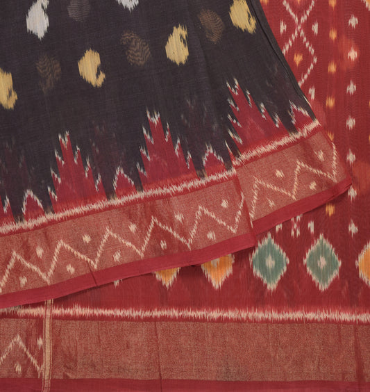 Sushila Vintage Black Saree 100% Pure Cotton Silk Hand Woven Pochampally Ikat Sari