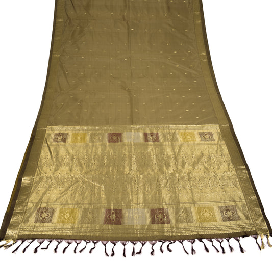 Sushila Vintage Olive Green Kanjeevaram Saree Pure Silk Zari Woven Sari Craft Fabric