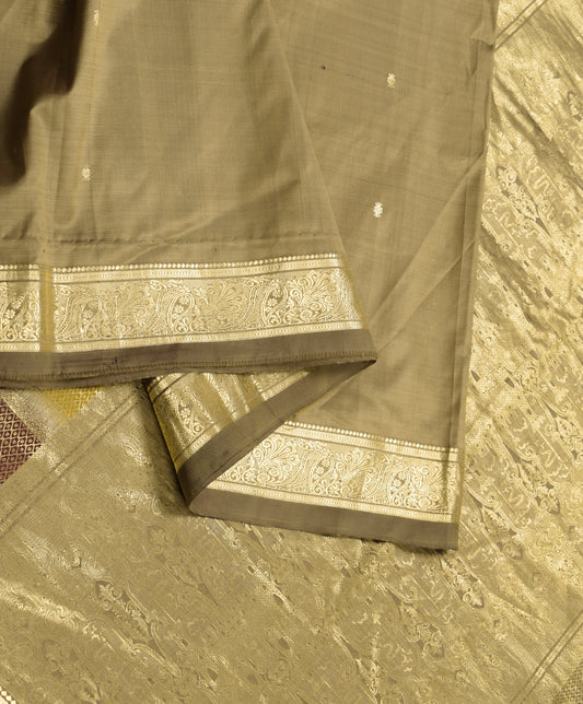 Sushila Vintage Olive Green Kanjeevaram Saree Pure Silk Zari Woven Sari Craft Fabric