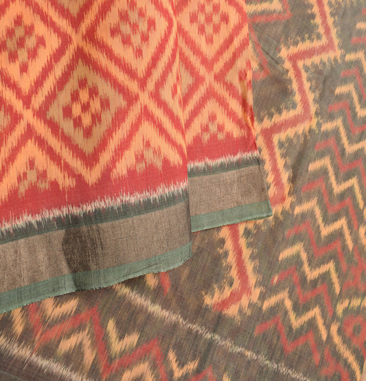 Sushila Vintage Pochampally Saree Pure Cotton Silk Hand Woven Ikat Red Sari