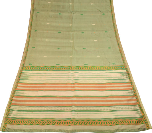 Sushila Vintage Green Dual Toned Saree Hand Woven Pure Silk Floral Soft Sari Fabric