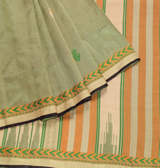 Sushila Vintage Green Dual Toned Saree Hand Woven Pure Silk Floral Soft Sari Fabric