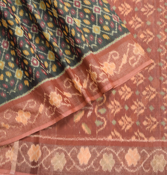 Sushila Vintage Dark Green Saree 100% Pure Cotton Silk Hand Woven Pochampally Ikat Sari