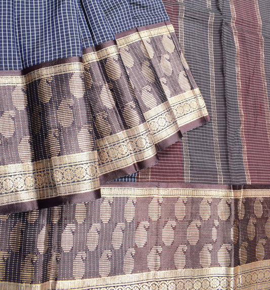 Sushila Vintage Blue Checks Woven Saree Zari Border Pure Silk Sari Fabric