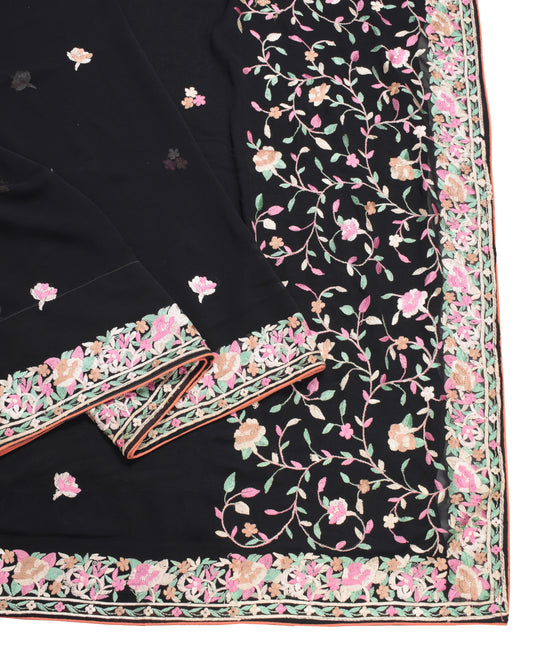 Sushila Vintage Parsi Gara Embroidered Saree Art Georgette HEAVY Black Sari Fabric