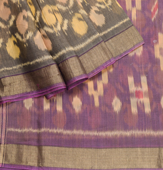 Sushila Vintage Black Saree Pure Cotton Silk Hand Woven Pochampally Ikat Sari