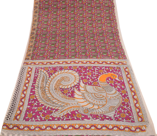 Sushila Vintage Handmade Kalamkari Saree Pure Cotton Magenta Printed Sari Fabric