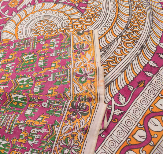 Sushila Vintage Handmade Kalamkari Saree Pure Cotton Magenta Printed Sari Fabric