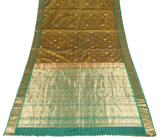 Sushila Vintage Mustard Green Saree Kanchipuram Bridal Pure Silk Brocade Sari Fabric