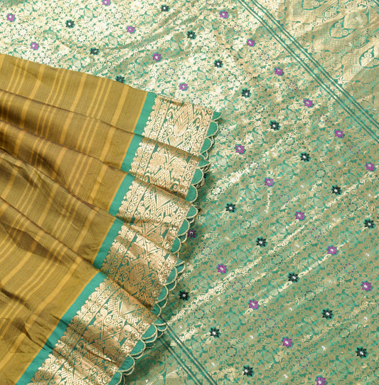 Sushila Vintage Mustard Green Saree Kanchipuram Bridal Pure Silk Brocade Sari Fabric