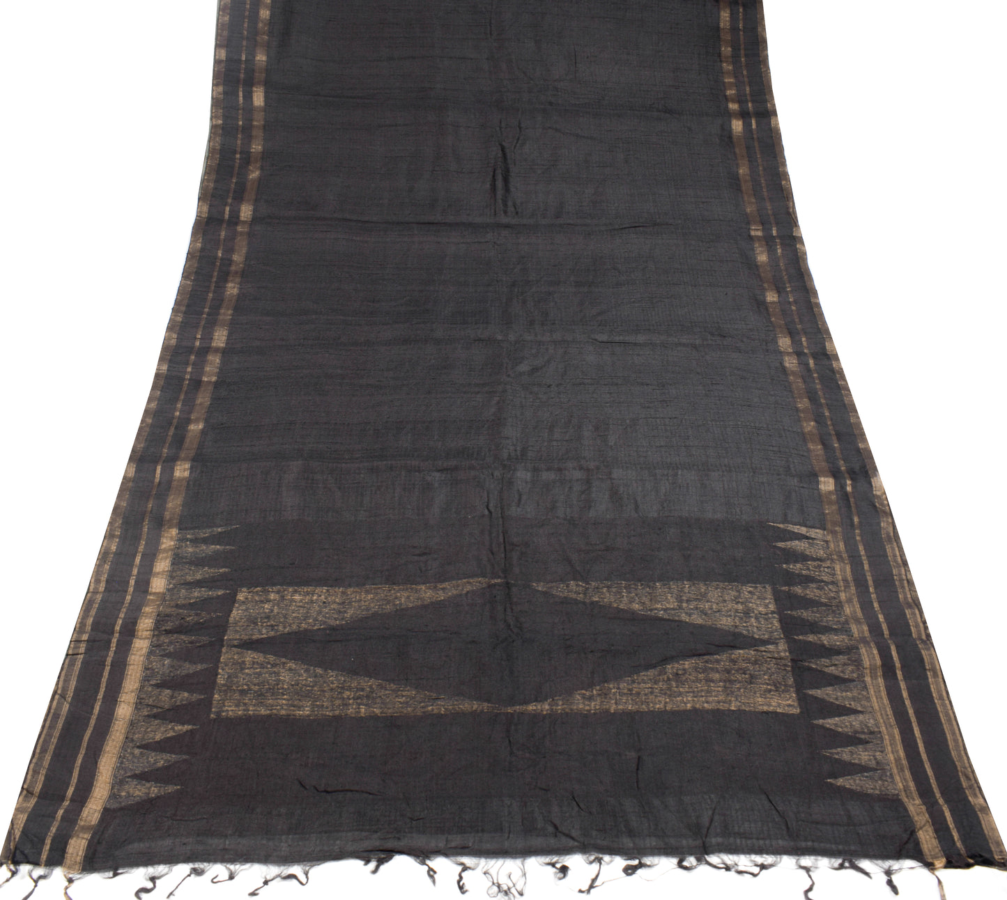 Sushila Vintage Pure Khadi Silk Handloom Saree Black Stripes Woven Sari Fabric