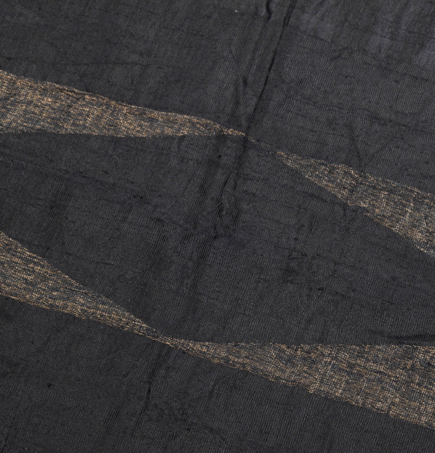 Sushila Vintage Pure Khadi Silk Handloom Saree Black Stripes Woven Sari Fabric
