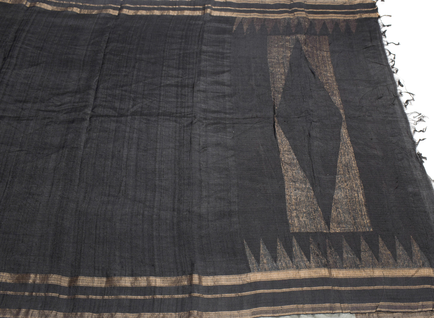 Sushila Vintage Pure Khadi Silk Handloom Saree Black Stripes Woven Sari Fabric