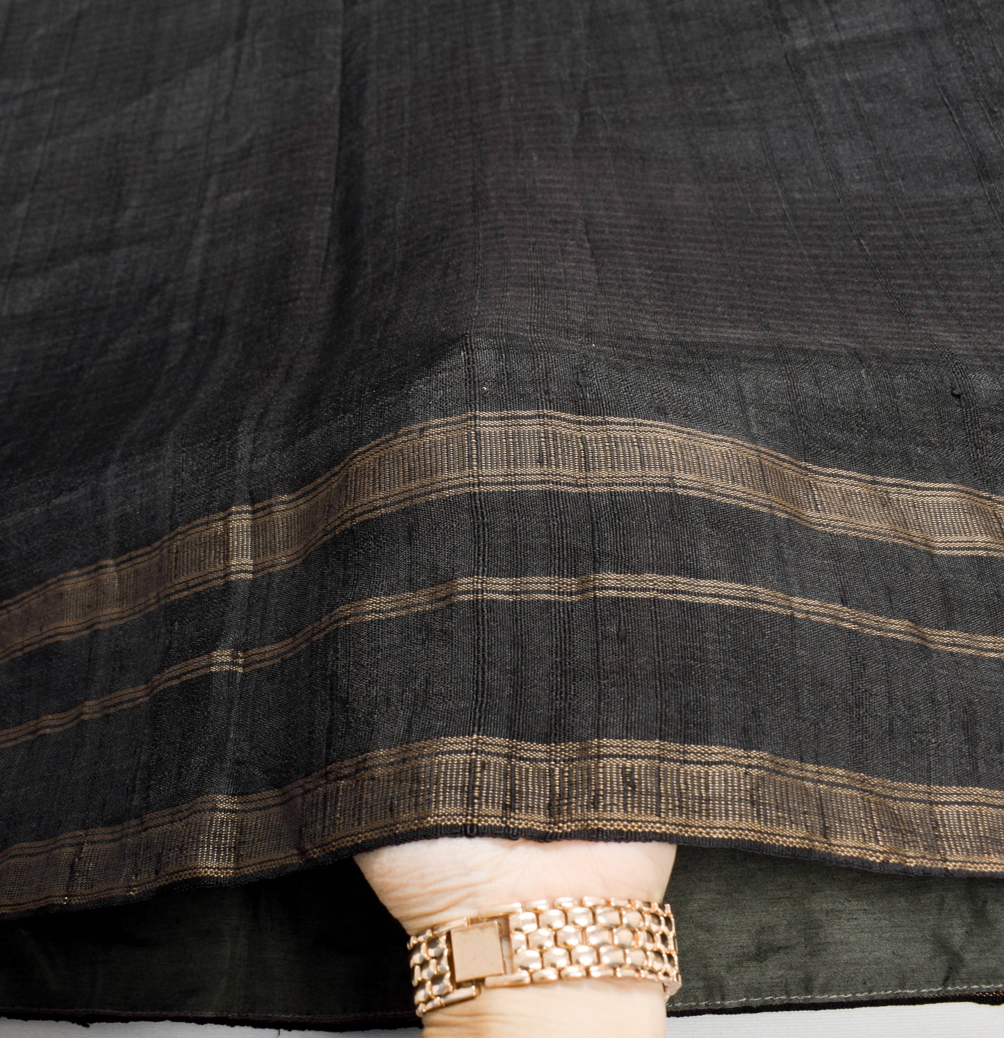 Sushila Vintage Pure Khadi Silk Handloom Saree Black Stripes Woven Sari Fabric